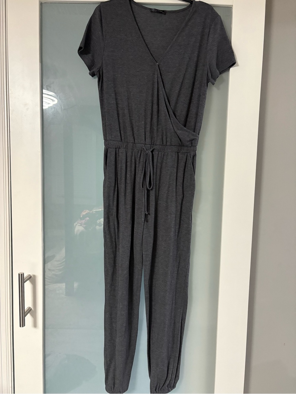 Women's Gray Short-Sleeve Wrap Jumpsuit with Drawstring Waist